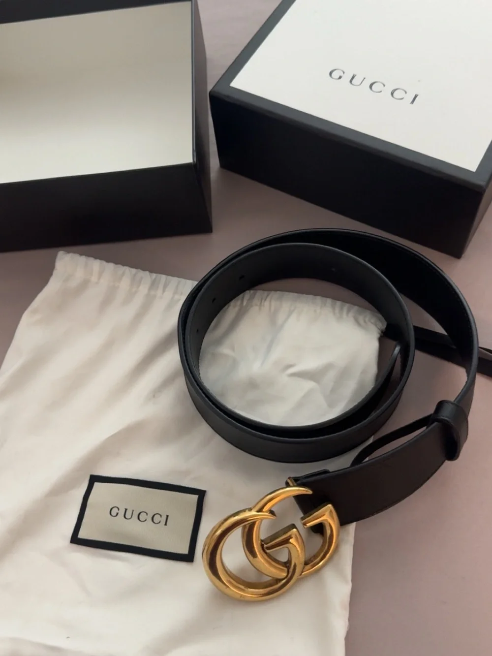 Gucci Black Leather Belt with Gold Double G Buckle